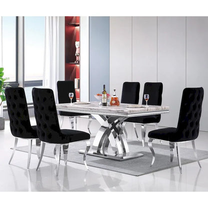 Black and Gold Dining Room Table with 65-inch top and Gold Polished Stainless Steel Metal Double X Base