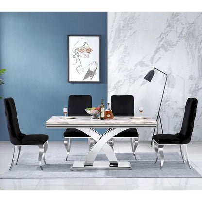 Black and Gold Dining Room Table with 65-inch top and Gold Polished Stainless Steel Metal Double X Base