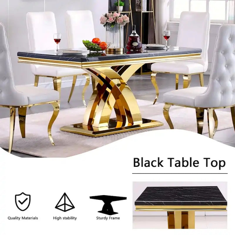 Black and Gold Dining Room Table with 65-inch top and Gold Polished Stainless Steel Metal Double X Base