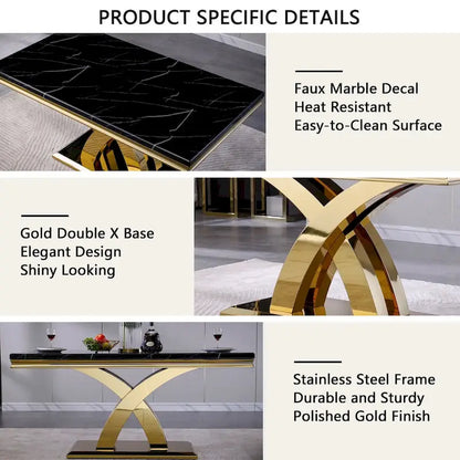 Black and Gold Dining Room Table with 65-inch top and Gold Polished Stainless Steel Metal Double X Base