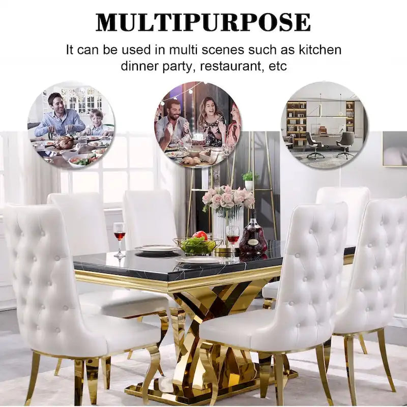 Black and Gold Dining Room Table with 65-inch top and Gold Polished Stainless Steel Metal Double X Base