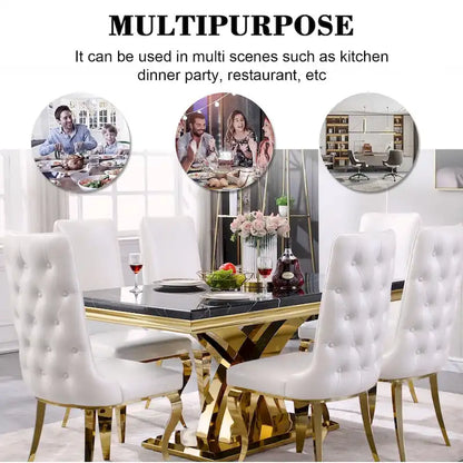 Black and Gold Dining Room Table with 65-inch top and Gold Polished Stainless Steel Metal Double X Base