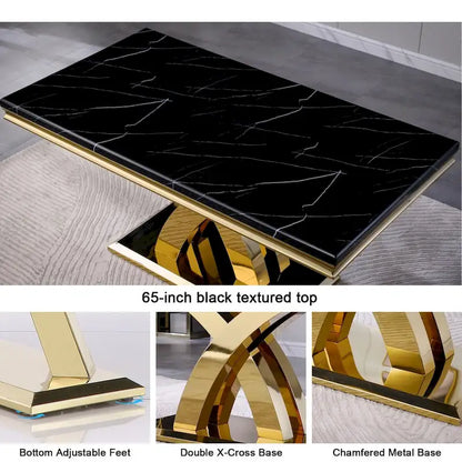 Black and Gold Dining Room Table with 65-inch top and Gold Polished Stainless Steel Metal Double X Base
