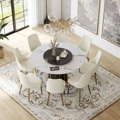59 White Round Dining Table with Lazy Susan, Sintered Stone Tabletop - N/A