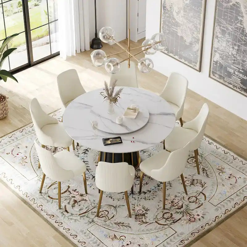 59 White Round Dining Table with Lazy Susan, Sintered Stone Tabletop - N/A