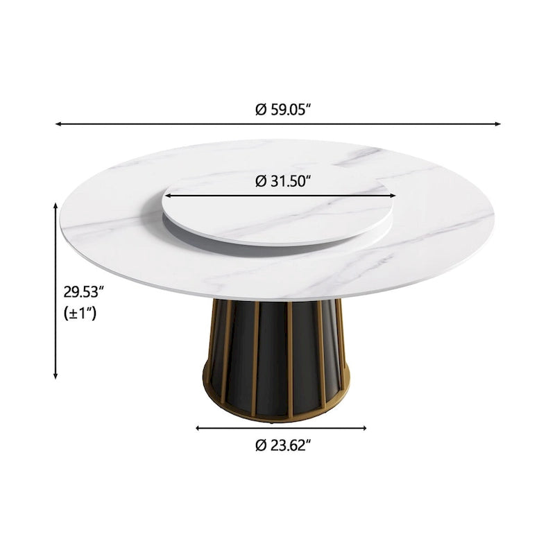 59 White Round Dining Table with Lazy Susan, Sintered Stone Tabletop - N/A