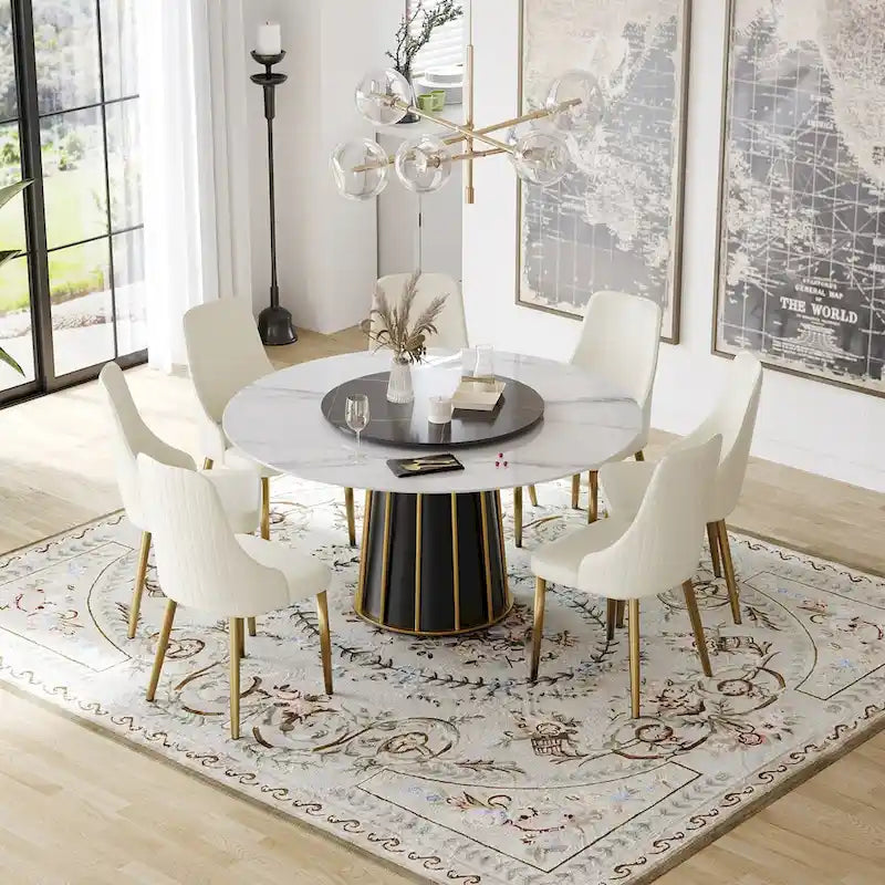 59 White Round Dining Table with Lazy Susan, Sintered Stone Tabletop - N/A