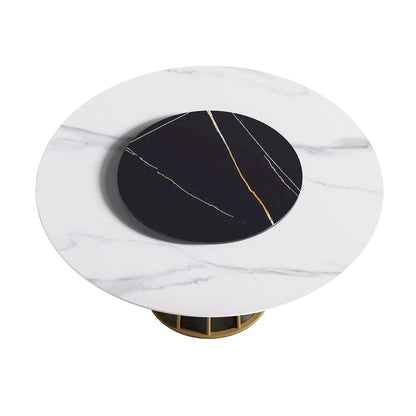 59 White Round Dining Table with Lazy Susan, Sintered Stone Tabletop - N/A