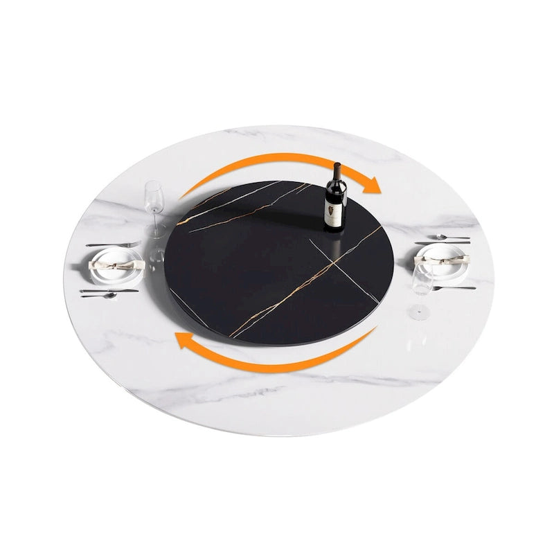 59 White Round Dining Table with Lazy Susan, Sintered Stone Tabletop - N/A