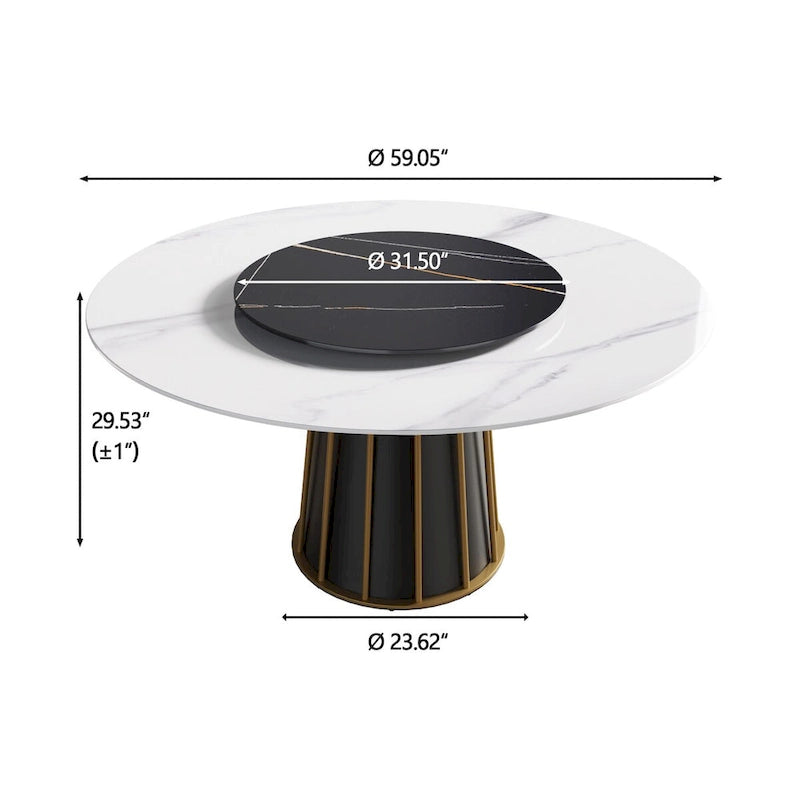 59 White Round Dining Table with Lazy Susan, Sintered Stone Tabletop - N/A