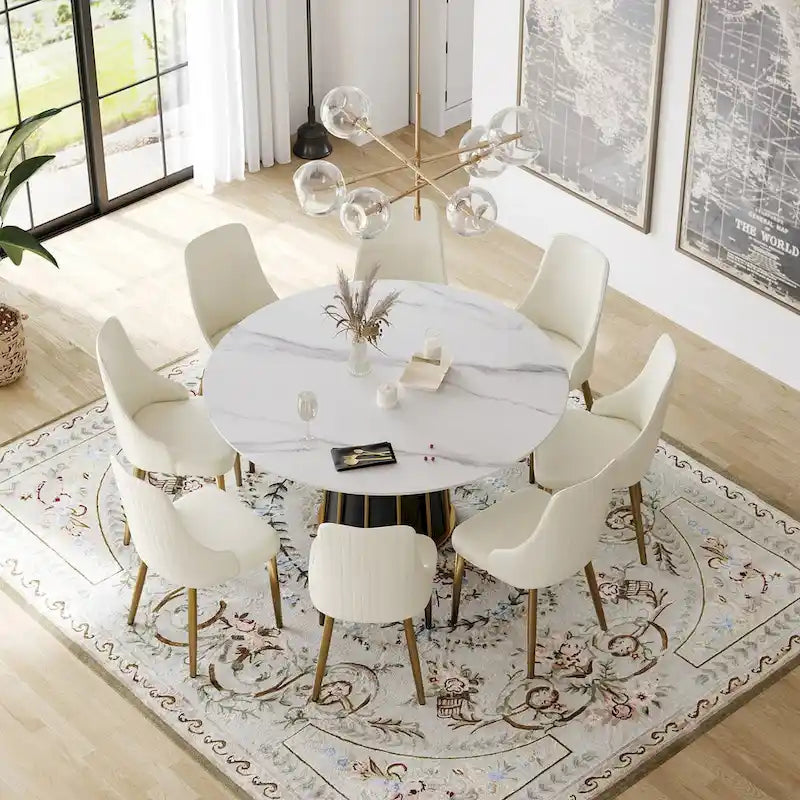 59 White Round Dining Table with Lazy Susan, Sintered Stone Tabletop - N/A