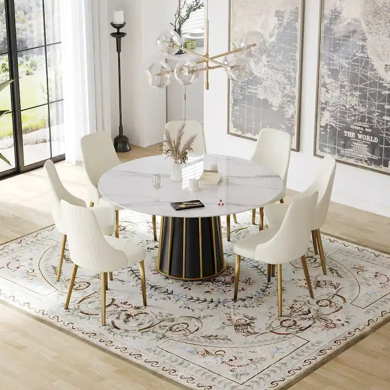 59 White Round Dining Table with Lazy Susan, Sintered Stone Tabletop - N/A