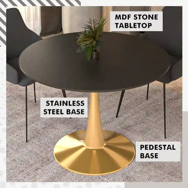 LeisureMod Bristol 40 Round Dining Table for 4 with MDF Tabletop in Gold Steel Base for Kitchen & Dining Room
