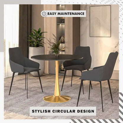 LeisureMod Bristol 40 Round Dining Table for 4 with MDF Tabletop in Gold Steel Base for Kitchen & Dining Room