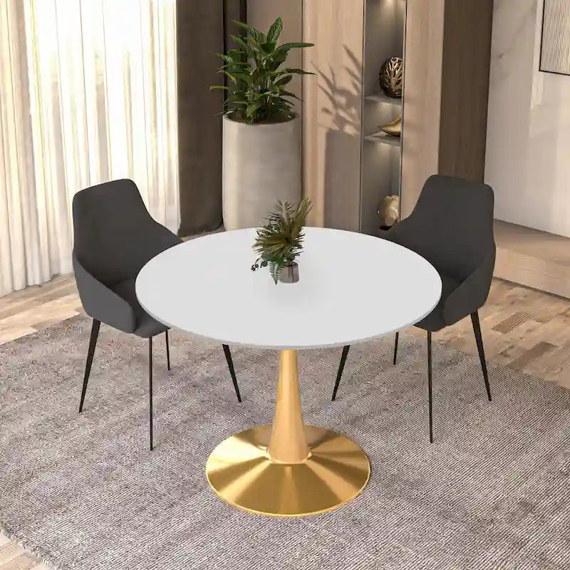 LeisureMod Bristol 40 Round Dining Table for 4 with MDF Tabletop in Gold Steel Base for Kitchen & Dining Room
