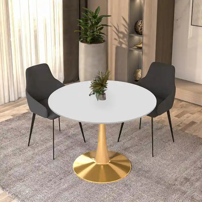 LeisureMod Bristol 40 Round Dining Table for 4 with MDF Tabletop in Gold Steel Base for Kitchen & Dining Room