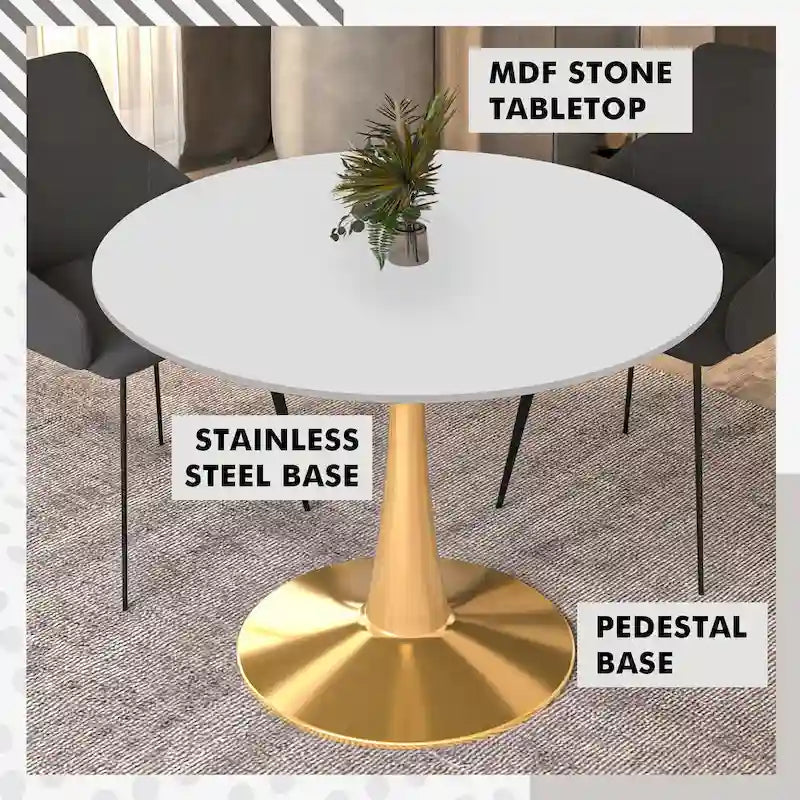 LeisureMod Bristol 40 Round Dining Table for 4 with MDF Tabletop in Gold Steel Base for Kitchen & Dining Room