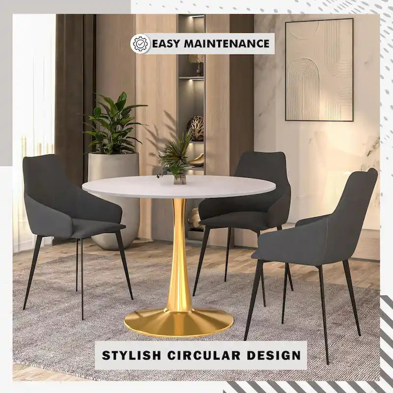 LeisureMod Bristol 40 Round Dining Table for 4 with MDF Tabletop in Gold Steel Base for Kitchen & Dining Room