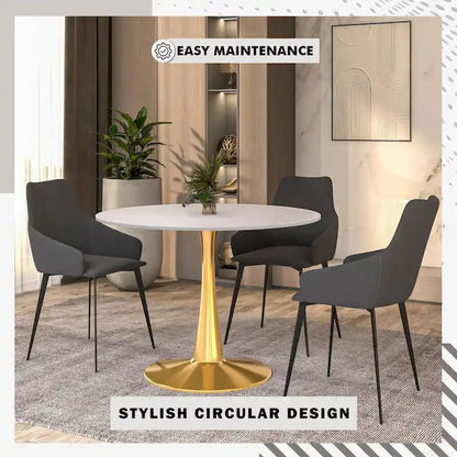 LeisureMod Bristol 40 Round Dining Table for 4 with MDF Tabletop in Gold Steel Base for Kitchen & Dining Room