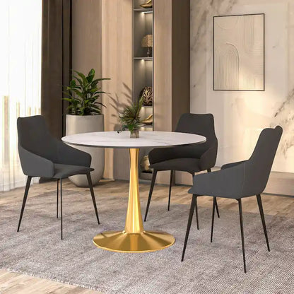 LeisureMod Bristol 40 Round Dining Table for 4 with MDF Tabletop in Gold Steel Base for Kitchen & Dining Room