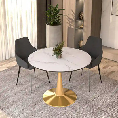 LeisureMod Bristol 40 Round Dining Table for 4 with MDF Tabletop in Gold Steel Base for Kitchen & Dining Room