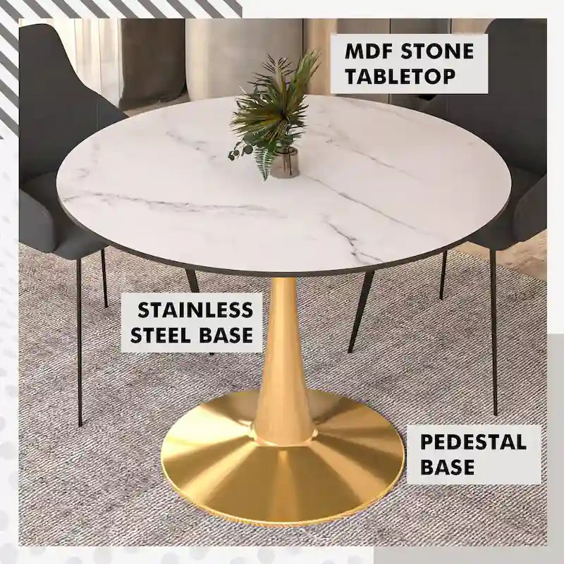LeisureMod Bristol 40 Round Dining Table for 4 with MDF Tabletop in Gold Steel Base for Kitchen & Dining Room