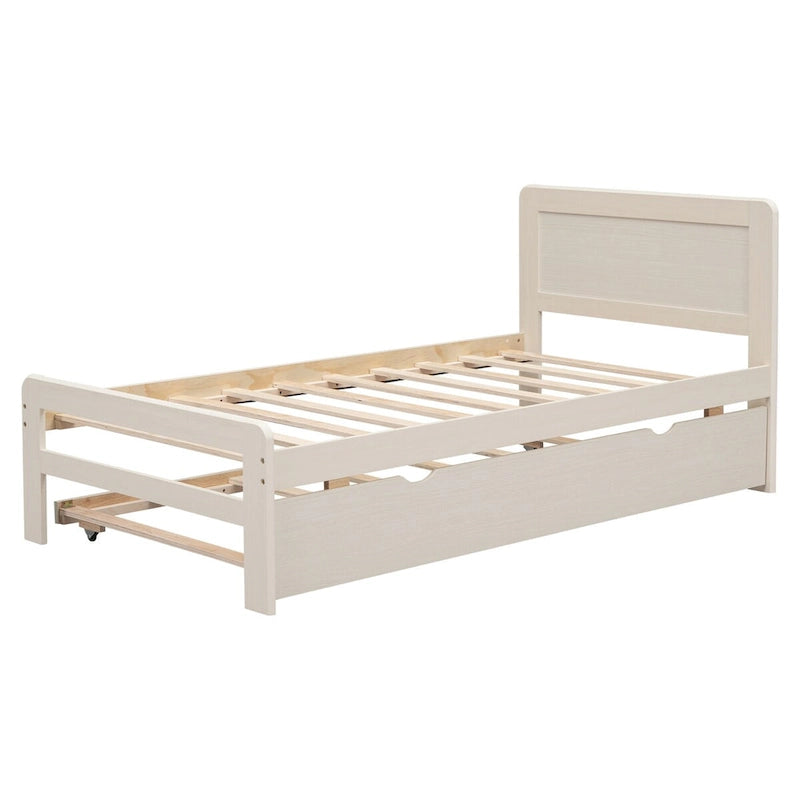 Contemporary Twin Platform Bed Frame with Trundle - Durable Rubberwood, Plywood, MDF Construction