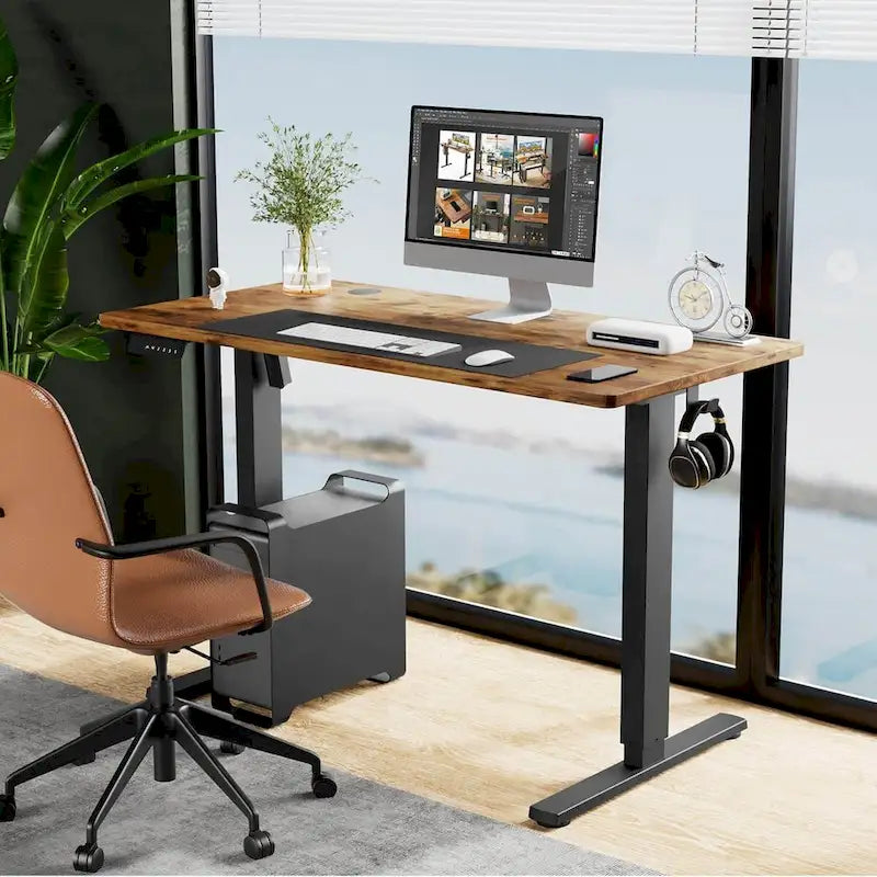 Lodge Style Computer Desk Electric Height Adjustable Standing Desk,Sit to Stand Ergonomic Comput ...