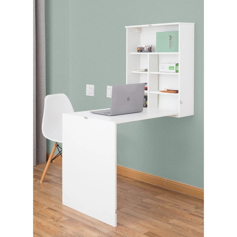 Wall Mount Laptop Fold-out Desk with Shelves
