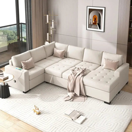 L-Shaped Corner Combination Sofa with Ottoman,USB and Type-C Interfaces