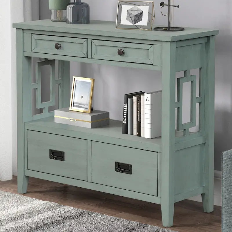 36 Farmhouse Pine Wood Console Table Entry Sofa Table with 4 Drawers & 1 Storage Shelf