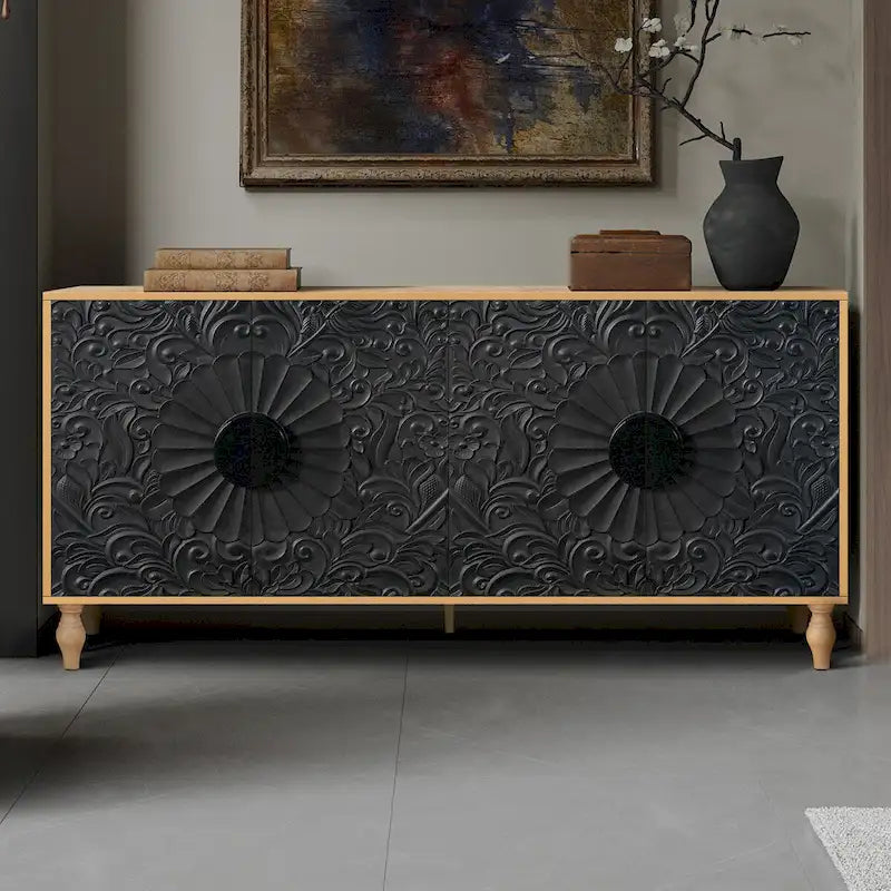 Carved Symmetrical Design Door Sideboard