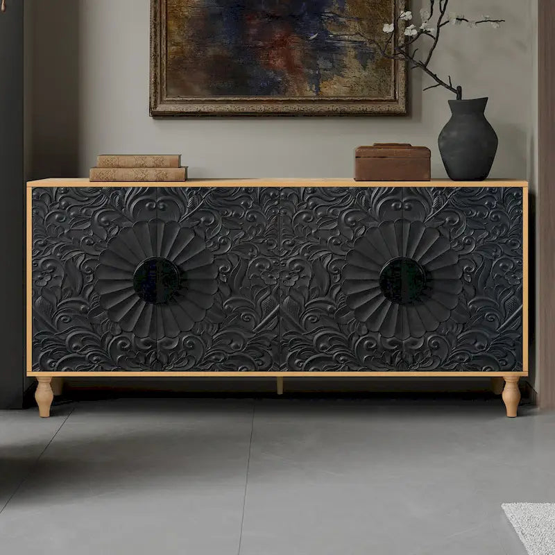 Carved Symmetrical Design Door Sideboard