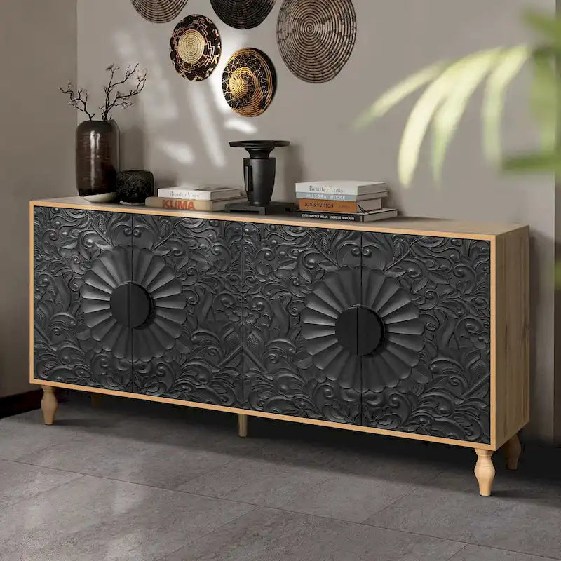 Carved Symmetrical Design Door Sideboard