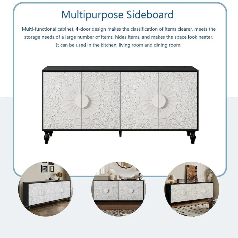 Carved Symmetrical Design Door Sideboard