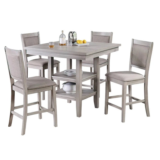 5 Piece Counter Height Dining Set, Table and 4 Chairs, Padded Seats, Gray