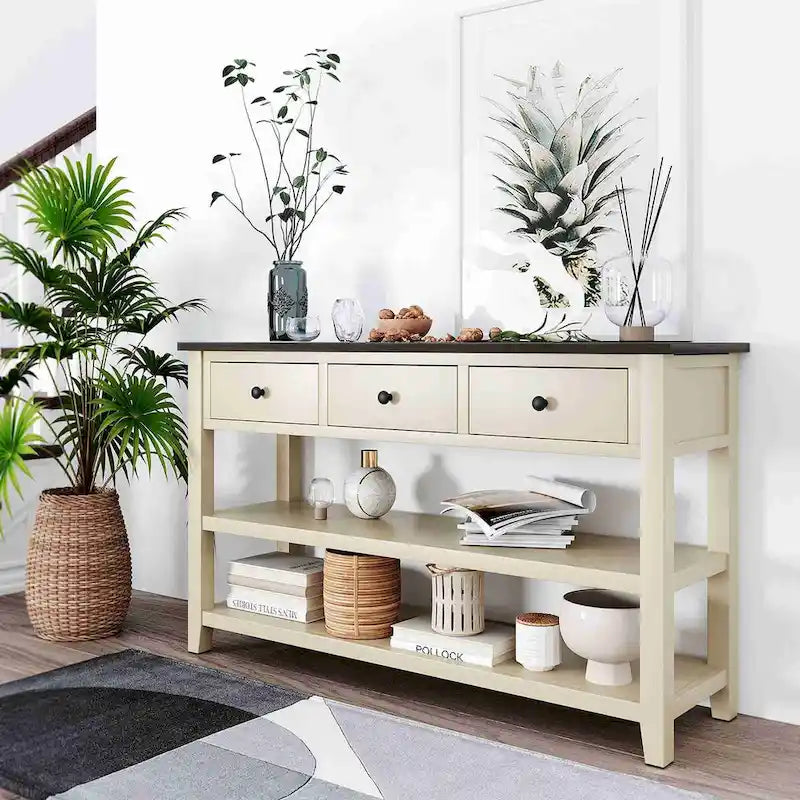 50L Retro Design Console Table with Two Open Shelves, Pine Solid Wood Frame and Legs