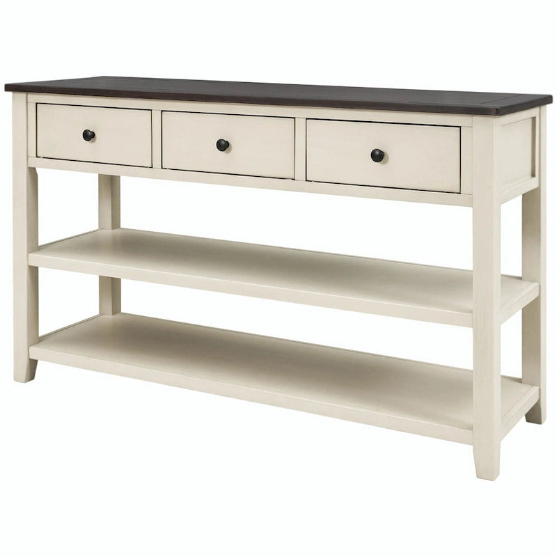 50L Retro Design Console Table with Two Open Shelves, Pine Solid Wood Frame and Legs