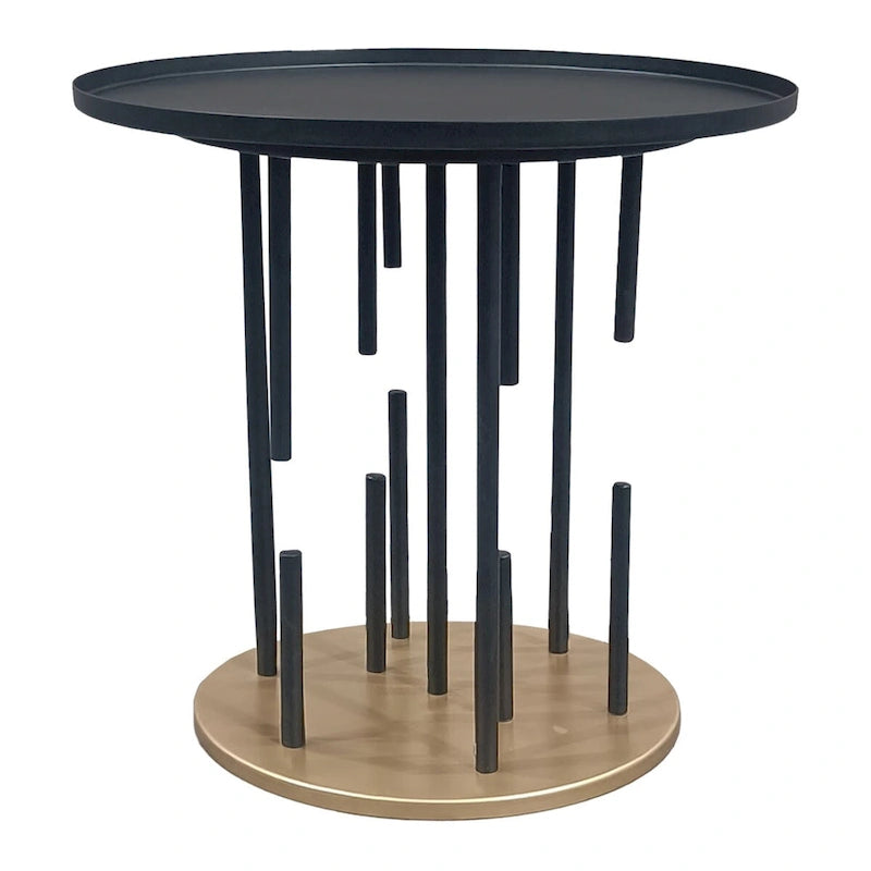 Neci 20 Inch Side End Table, Round Matte Black Tray Top, Modern Rod Supports with Brass Base