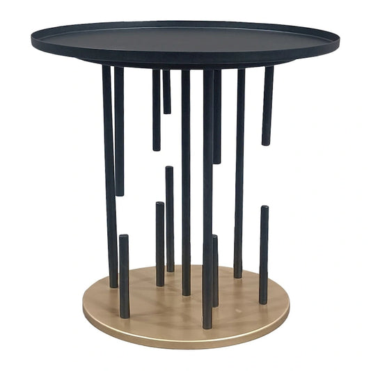 Neci 20 Inch Side End Table, Round Matte Black Tray Top, Modern Rod Supports with Brass Base