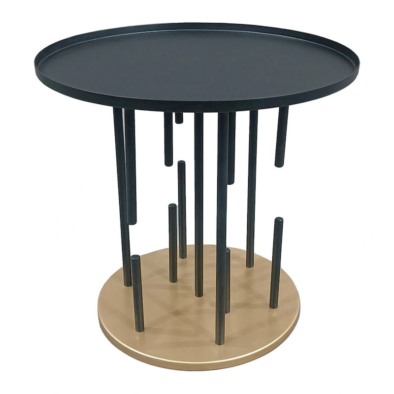Neci 20 Inch Side End Table, Round Matte Black Tray Top, Modern Rod Supports with Brass Base