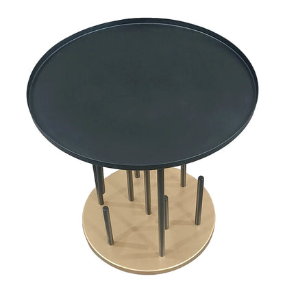 Neci 20 Inch Side End Table, Round Matte Black Tray Top, Modern Rod Supports with Brass Base
