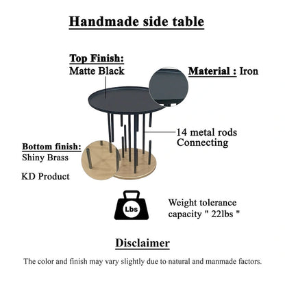 Neci 20 Inch Side End Table, Round Matte Black Tray Top, Modern Rod Supports with Brass Base