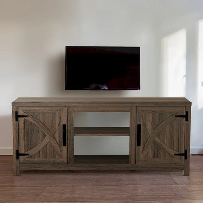 58 Rustic Walnut Barn Door Wood Console TV Stand for TV's up to 65 - 58 inches in width