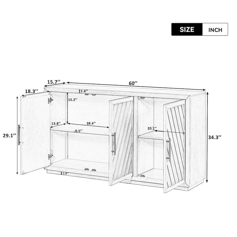 3-Door Sideboard with Adjustable Shelves and Black Handles