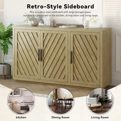 3-Door Sideboard with Adjustable Shelves and Black Handles