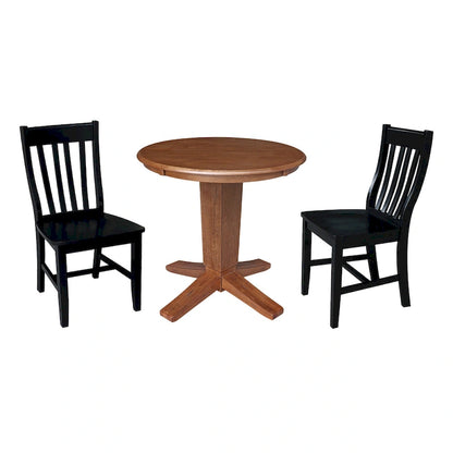 30 in Round Top Pedestal Dining Table with 2 Dining Chairs in Distressed Oak/Black