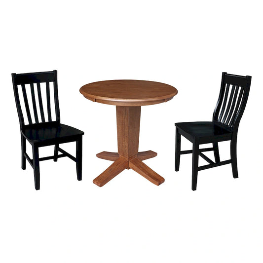 30 in Round Top Pedestal Dining Table with 2 Dining Chairs in Distressed Oak/Black