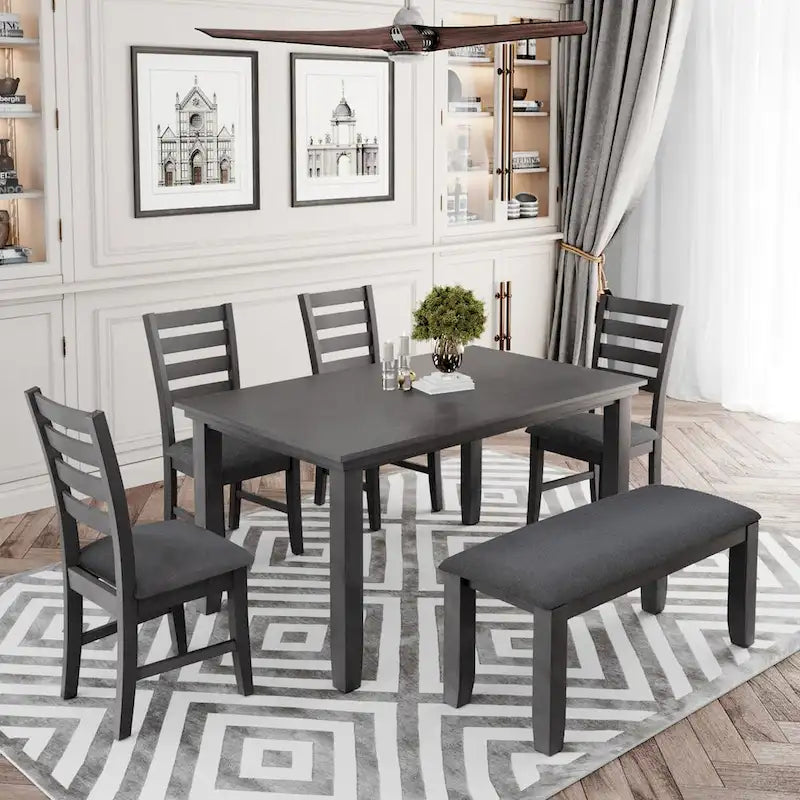 6 Piece Room Chairs with Bench, Rustic Wood Dining Set Table, Gray