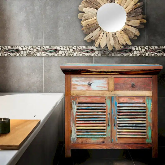 Marina Del Rey Recycled Teak Wood Louvered Linen Cabinet with 2 Doors and 2 Drawers